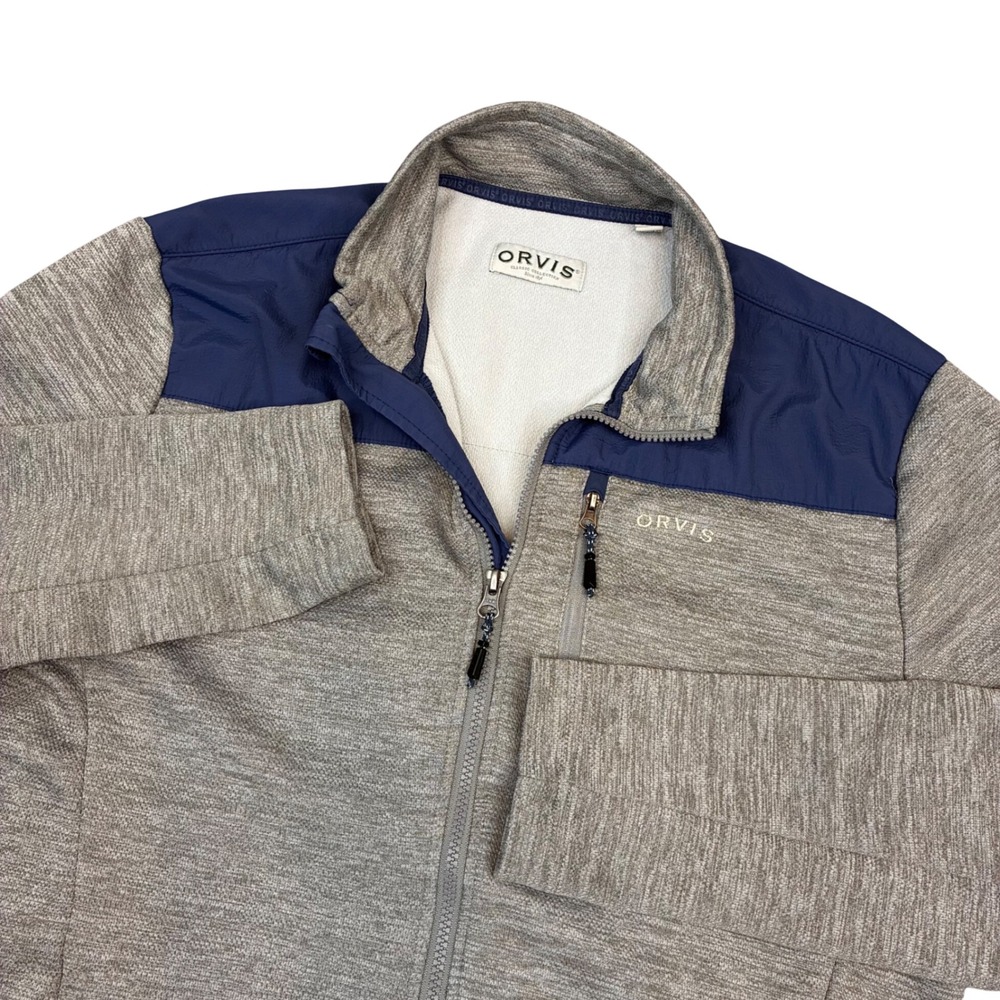 Orvis Jacket Mens Medium Grey Navy Blue Full Zip Mock Neck Classic Collection